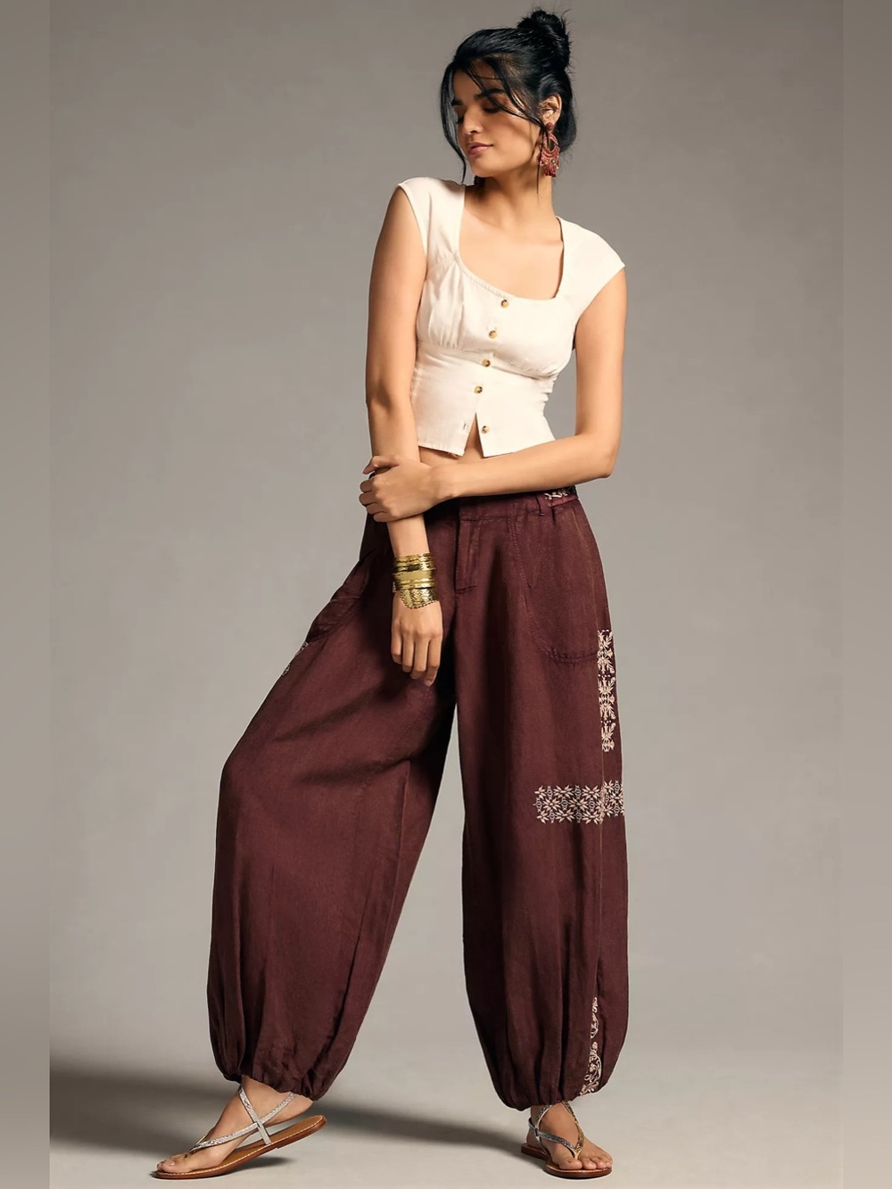 Anthropologie By Anthropologie Embroidered Parachute Pants in Coco Plum Size M
